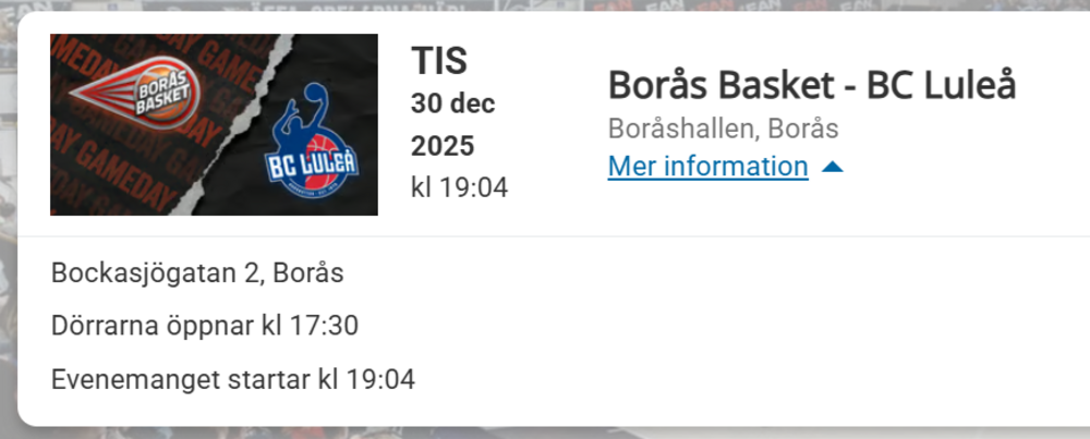 Match Borås vs Luleå 30/12
